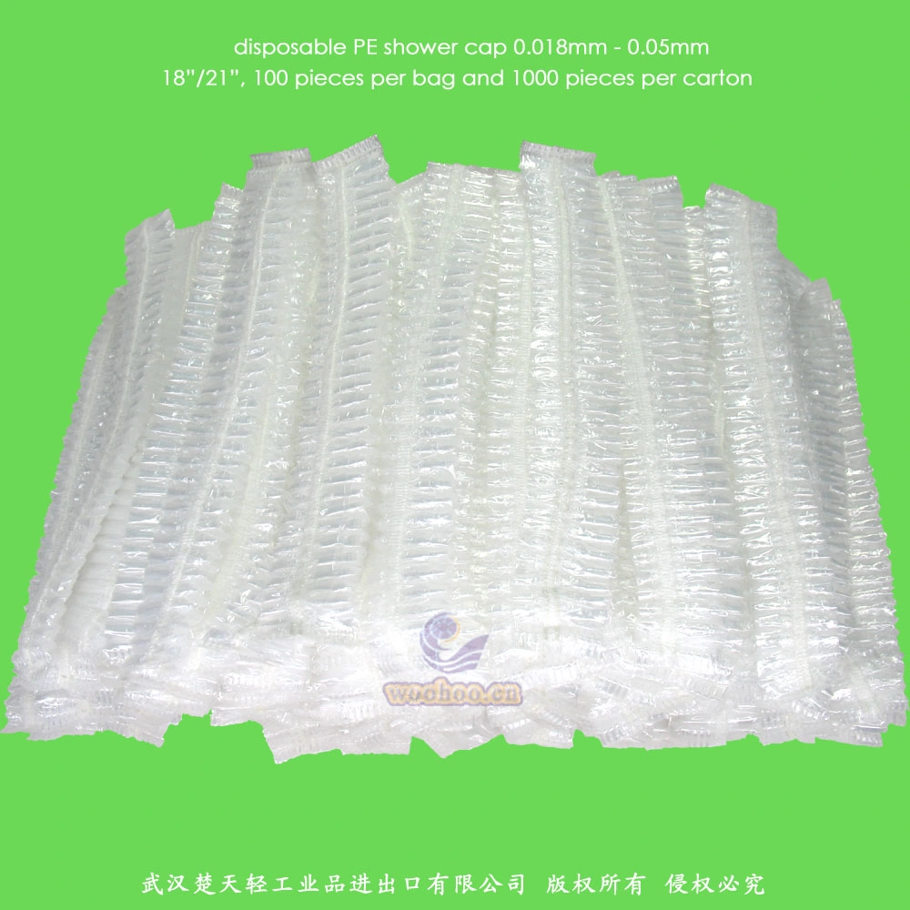 Waterproof Transparent Poly/HDPE/LDPE/Clear/Mob/Mop/Plastic Disposable PE Shower Cap for Hotel/Travel Bath/Bathing with Pleated/Crimped/Strip/Clip/Stripe Shapes
