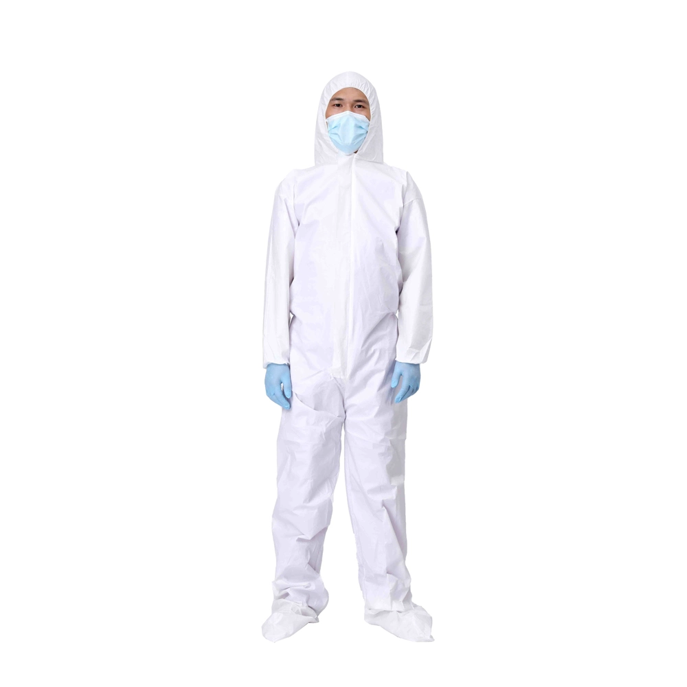 White 55GSM Disposable Waterproof Microporous Anti Static Isolation Hooded Industrial Safety Protective Clothing Non Woven Coverall Suit