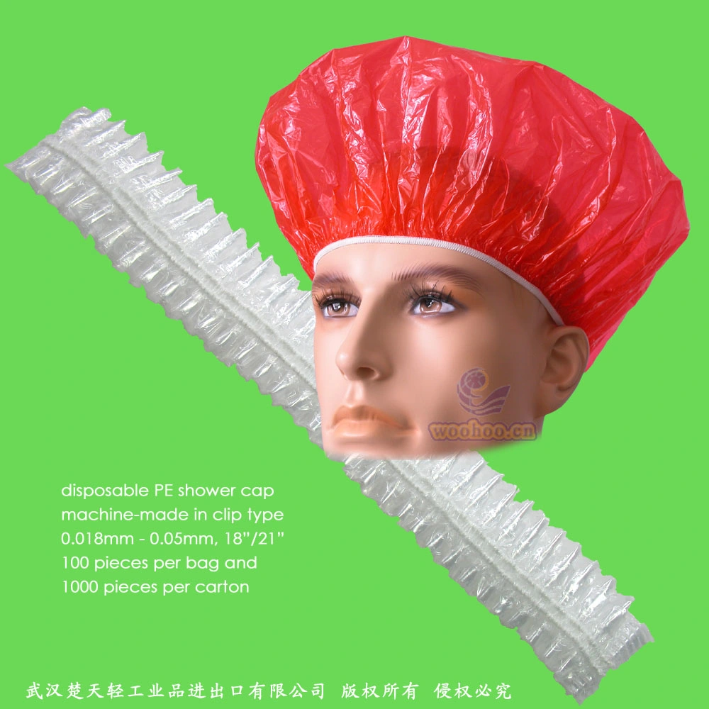 Waterproof Transparent Poly/HDPE/LDPE/Clear/Mob/Mop/Plastic Disposable PE Shower Cap for Hotel/Travel Bath/Bathing with Pleated/Crimped/Strip/Clip/Stripe Shapes