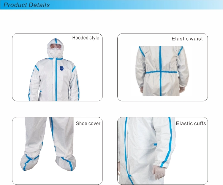 GB19082 65GSM SMS White Coverall Disposable PPE Protective Suit for Hospital