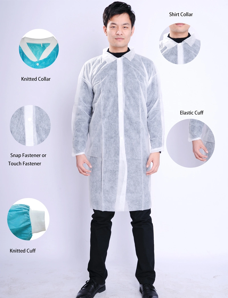 Disposable Use PP/SMS/MP/Lab Coat with Snaps with Different Style Collar Prevent Dust Adult Factory Use Dust Coat