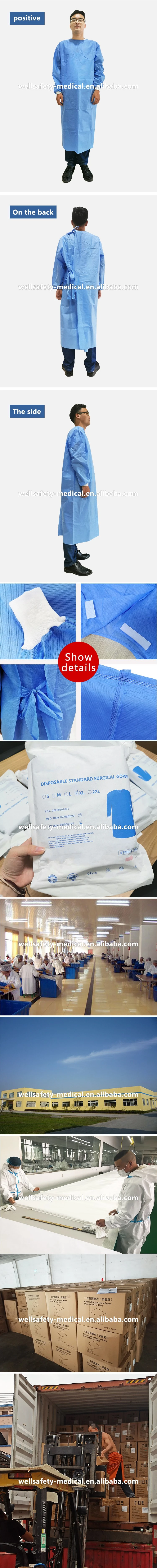 FDA Ce SGS En13485 Gown Disposable and ISO; Ation Suit with PP + PE Non Woven Fabric Disposable Sterile Gown AAMI Level 2 AAMI Level 3