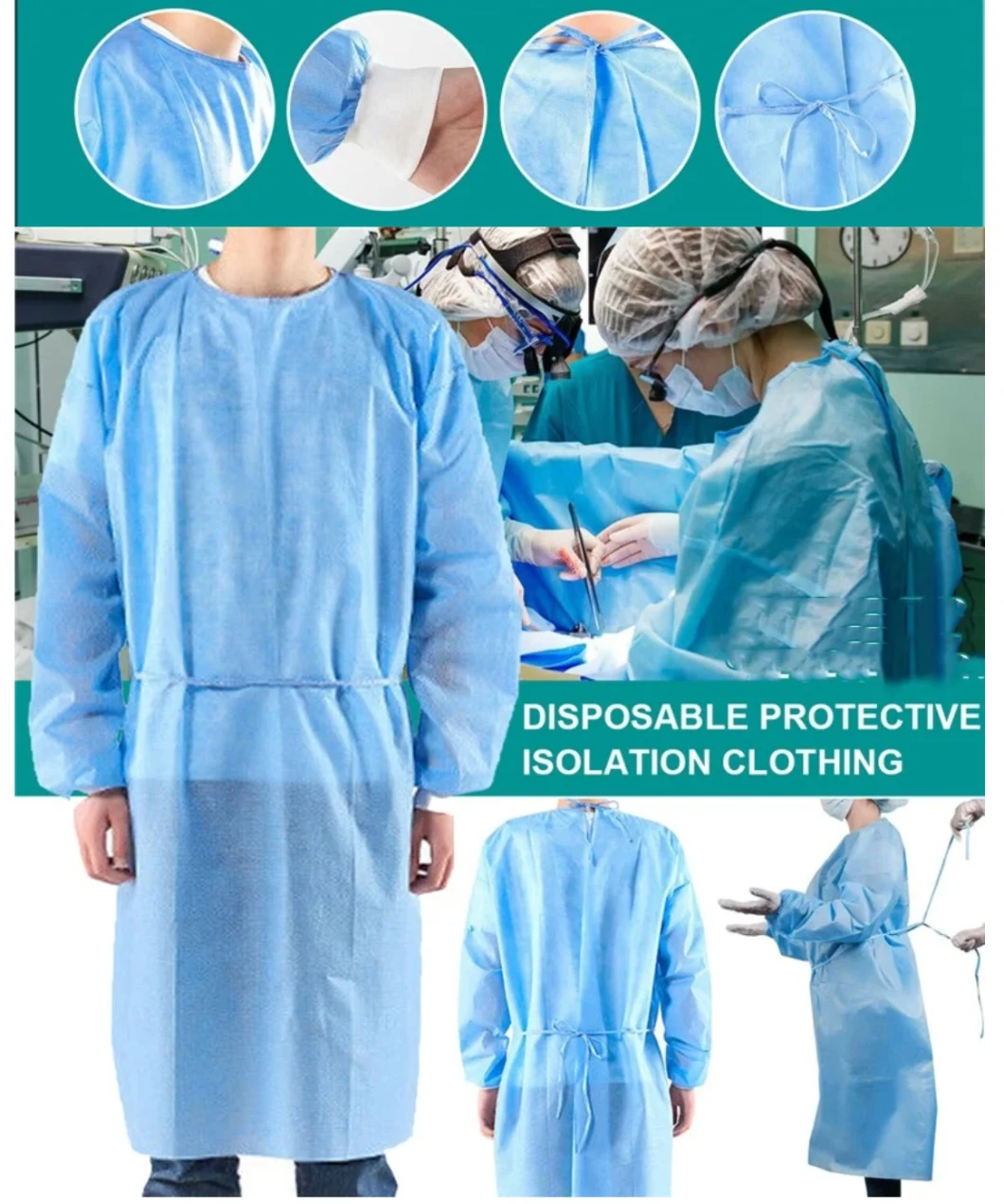 Factory AAMI Level 2 3 En13795 PP/PP+PE/SMS/SMMS Medical Disposable Reinforced Surgical Isolation Gown for Hospital Laboratory/Food Industry Healthcare